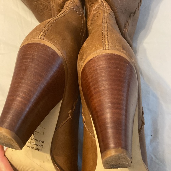 Vintage Bronx Y2K Knee High Boots Stack Heel Tan Tooled Leather Western Cowboy - Picture 6 of 10